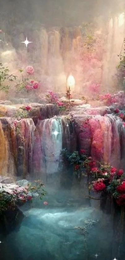 Magical waterfall with vibrant roses and a serene, mystical ambiance.