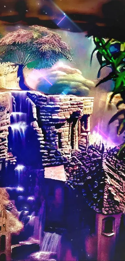 Enchanted waterfall with ruins and tree wallpaper.