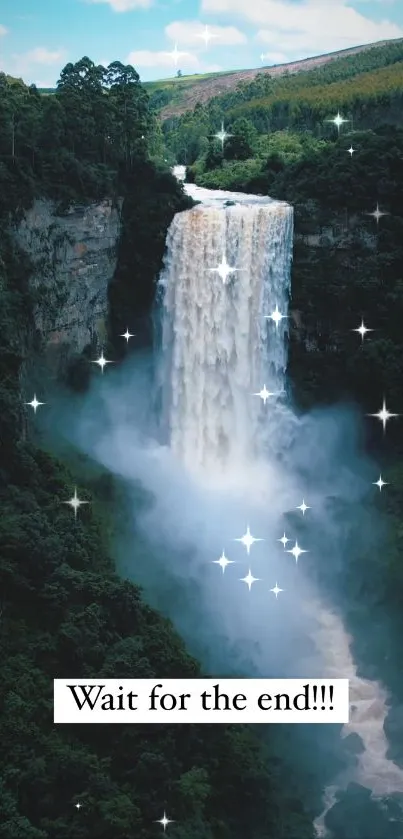 Scenic waterfall with sparkles in dense forest