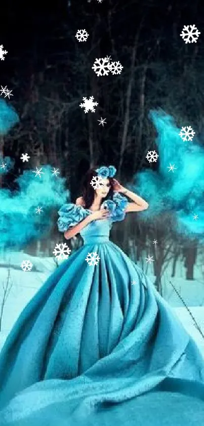 Woman in blue dress with blue smoke in snowy forest.