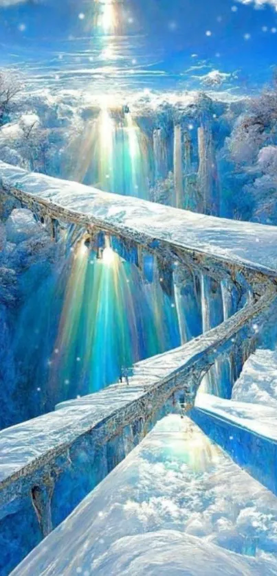 Enchanting winter bridge with icy trees and glowing sunbeams.