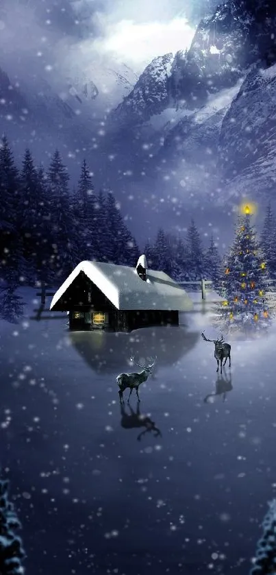 Serene snowy night with cabin and deer in a wintery forest landscape.