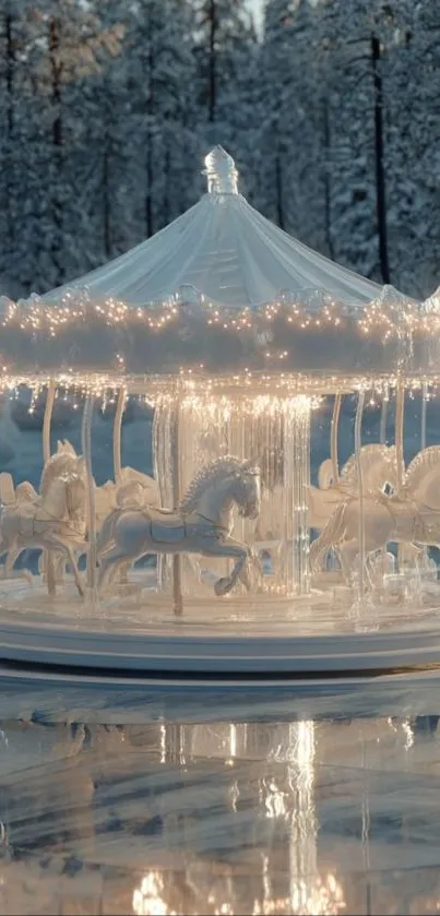 Enchanted carousel in snowy winter setting with lights.