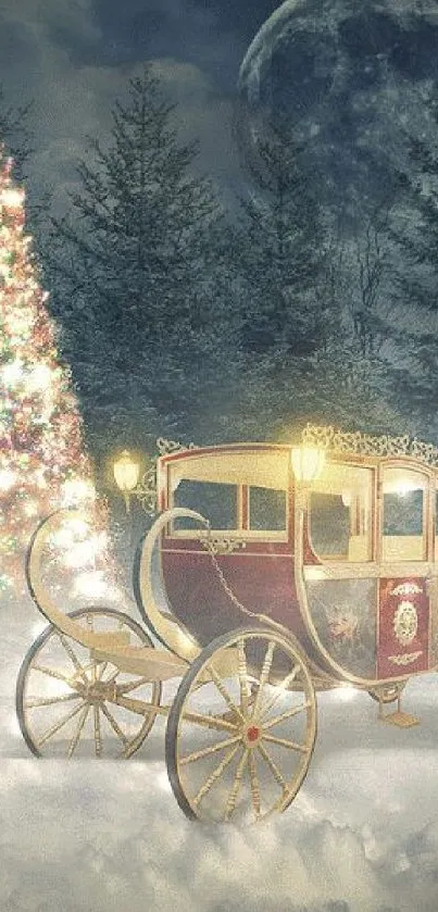 Vintage carriage in snowy forest with Christmas tree and full moon.