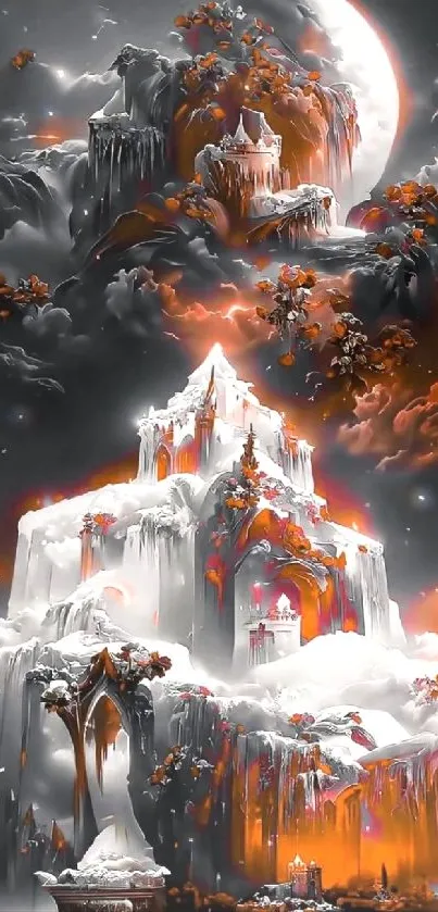 Mystical winter castle under moonlight with vivid art design.