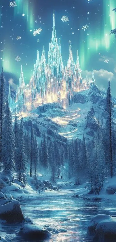Majestic ice castle under northern lights in a snowy landscape.