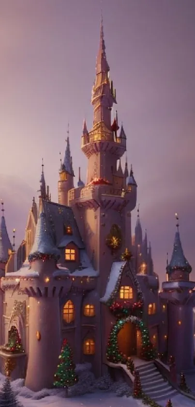 Enchanted castle in snowy winter with festive decorations and sunset sky.