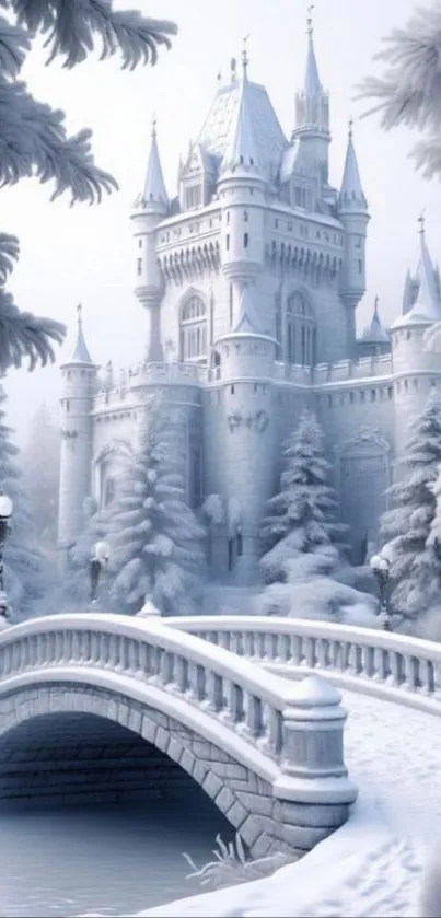 Snow-covered castle and bridge in winter scene.