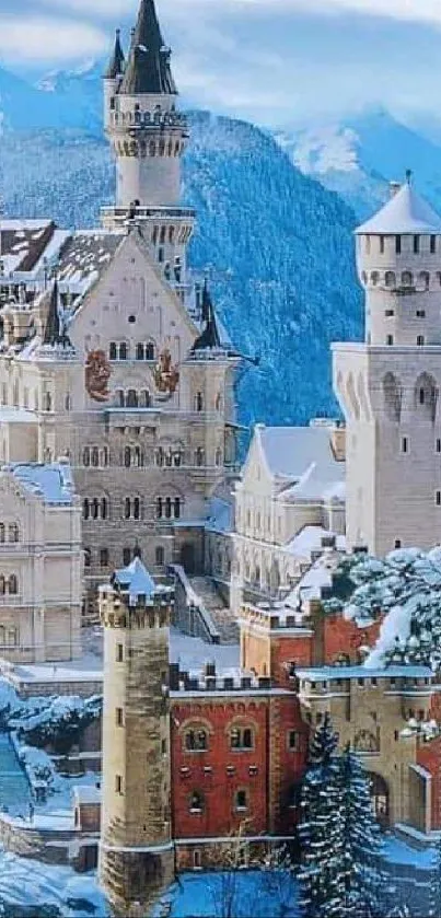 Enchanted winter castle with snowy mountains.