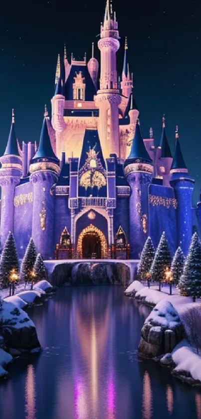 Enchanted castle with snowy trees at night reflecting on a serene lake.