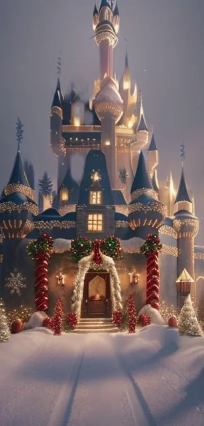 Enchanted castle with snow and Christmas decor.