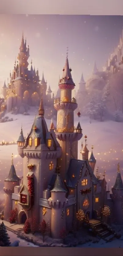 Enchanting snowy castle landscape with glowing turrets and winter wonderland.