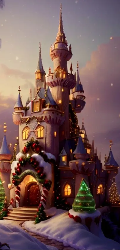 A magical winter scene with a castle, snow, and festive decorations.