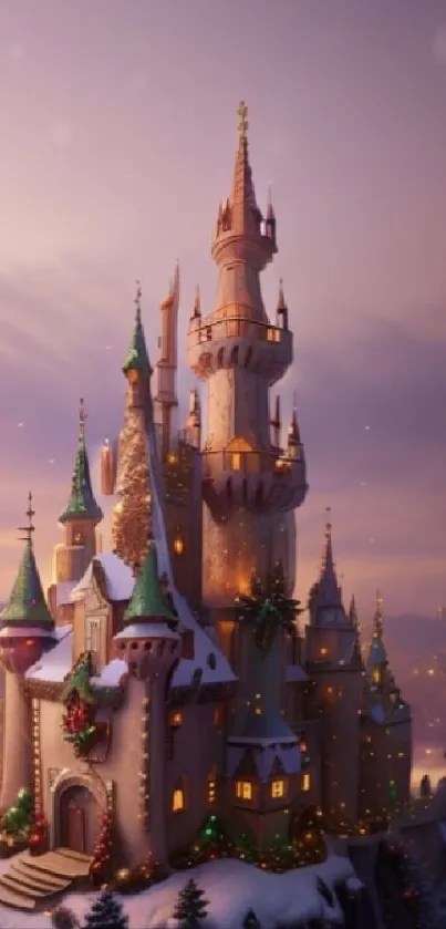 Enchanted castle with snow-covered turrets in winter twilight.