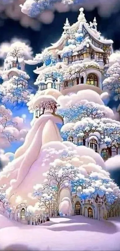 Enchanted snow-covered castle with fluffy clouds.