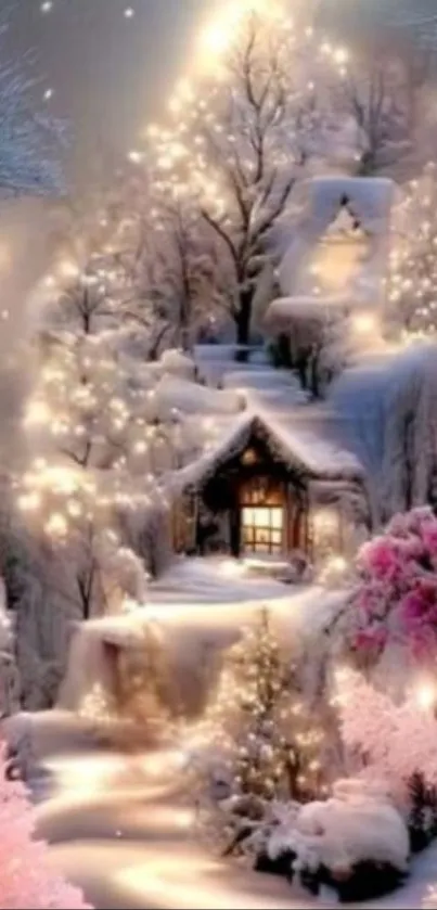 Enchanted winter scene with snowy cottage and glowing lights.