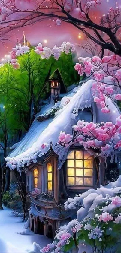 Enchanted snow-covered cottage with pink blossoms and trees.