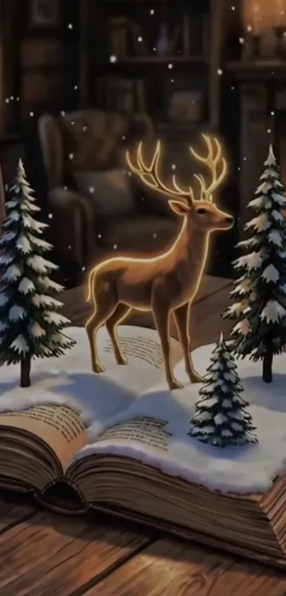 Illuminated deer in snowy book scene with trees.