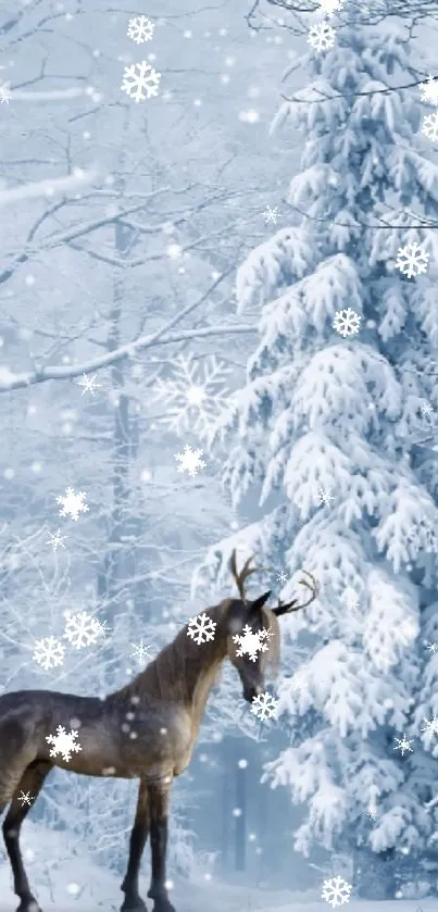 Majestic deer stands in snowy forest, surrounded by snowflakes.