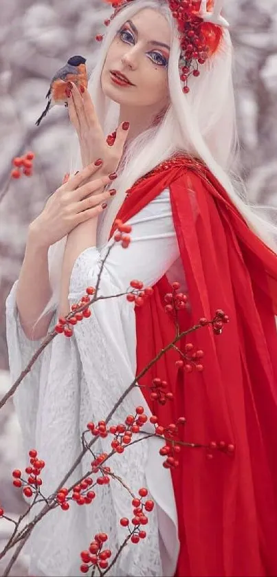 Fantasy character with red cloak in snowy forest, holding a bird.