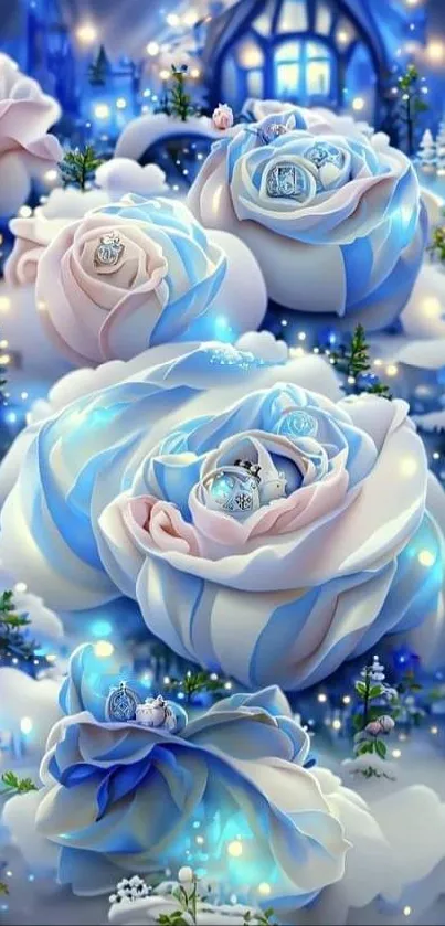 Snowy landscape with blue and white roses in a magical setting.