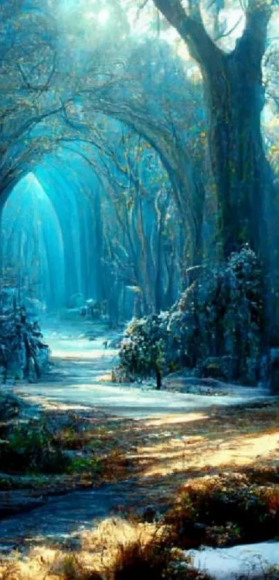 Enchanted winter forest path with glowing blue light and snowy surroundings.