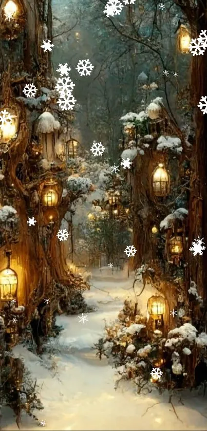 Enchanted forest with snowy trees and glowing lanterns creating a magical atmosphere.