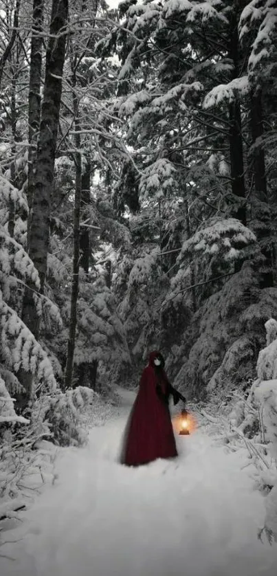 Cloaked figure in snowy forest holding lantern.