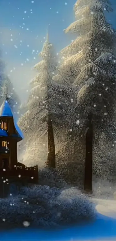 Snowy forest wallpaper with magical castle and falling snowflakes.