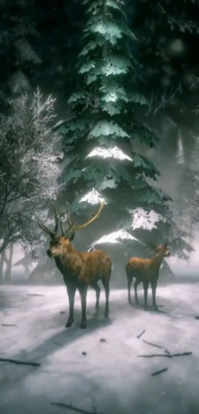 Majestic deer in a snowy forest with tall pine trees.