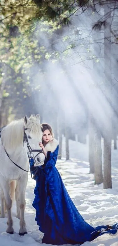 A woman in a blue gown with a white horse in a snowy forest.