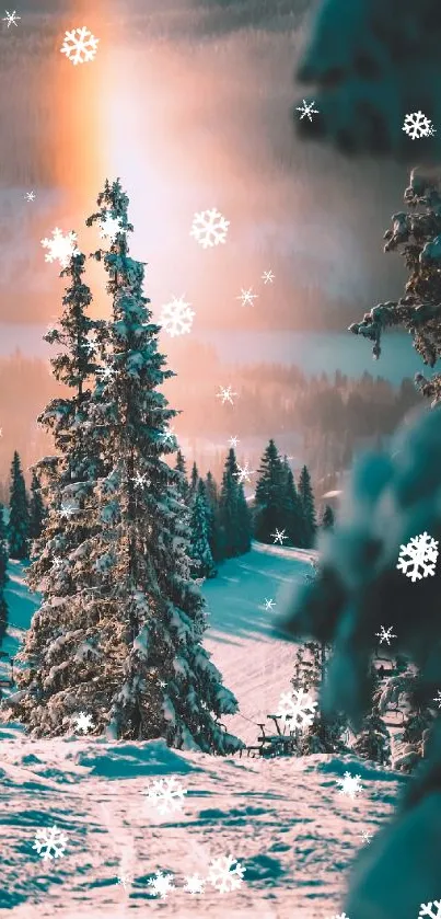 Snowy forest at sunrise with falling snowflakes.