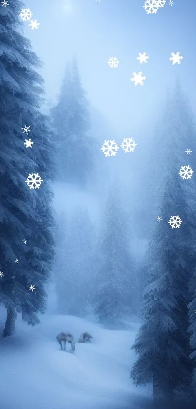 Serene snowy forest with tall, frost-covered trees and deep blue hues.