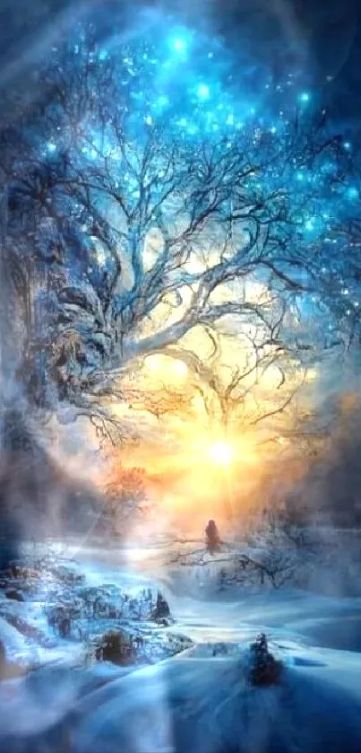 Enchanted winter landscape with glowing stars and serene sunset on a snowy path.