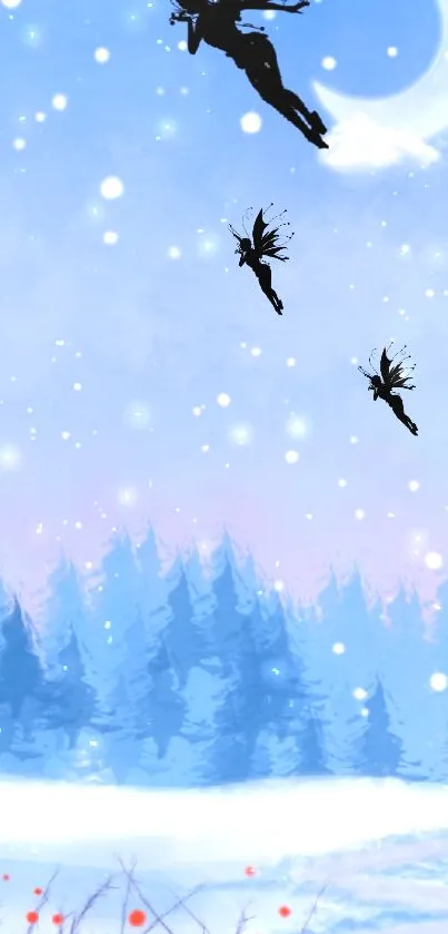 Fairies flying over a snow-covered forest under a mystical night sky.