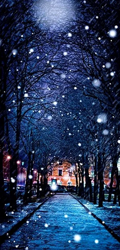 Snowy path on a winter night with trees and glowing lights.