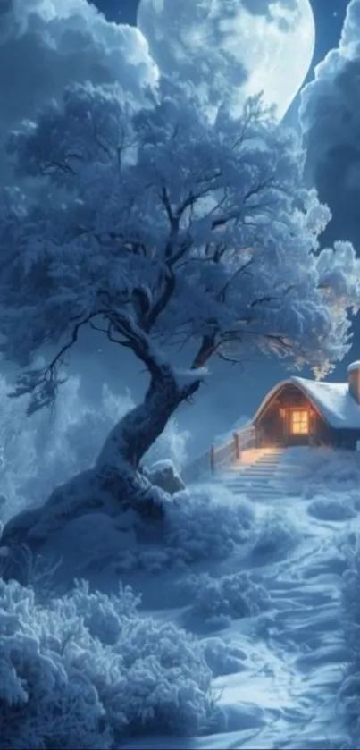 Snow-covered tree and cabin under moonlight in peaceful winter night.