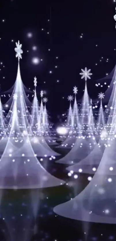 Enchanted winter night scene with glowing trees and snowflakes.