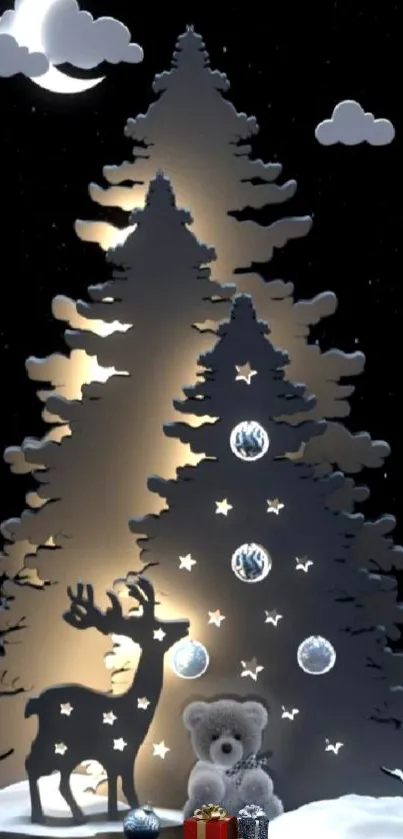 Magical Christmas night with deer and bear under moonlit sky.