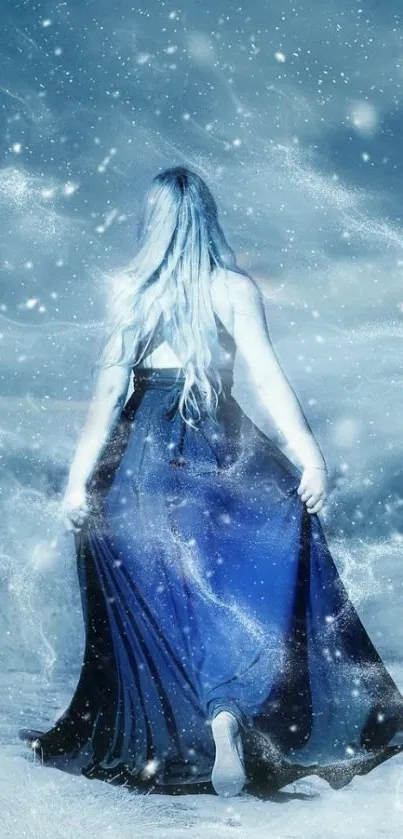 Figure in a dark winter landscape with swirling snow and blue tones.