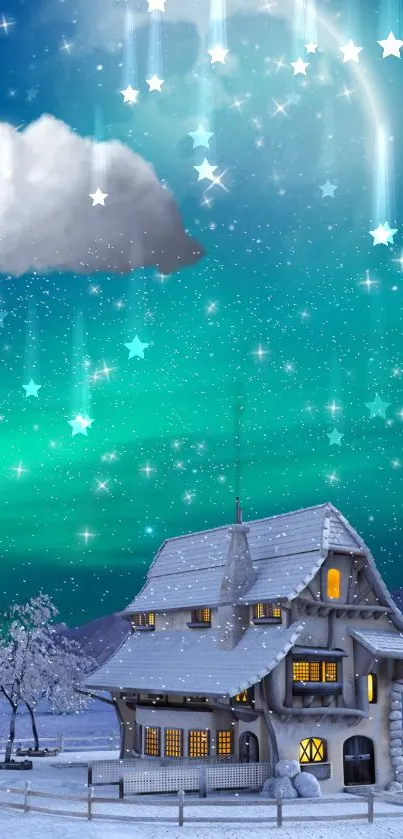 Enchanted cottage beneath a starry teal sky with snow and twinkling stars.