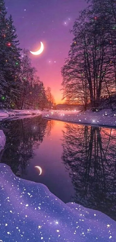 Enchanting winter nightscape with crescent moon and snow.