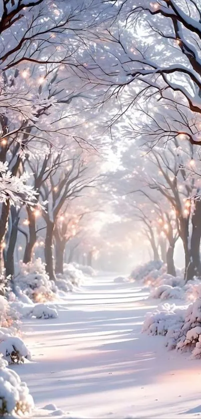 Snowy forest pathway with twinkling lights and overarched tree branches.