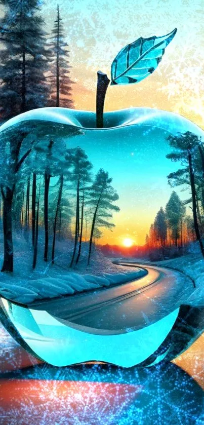 Crystal apple reflecting a winter sunset scene with frosty blue tones.