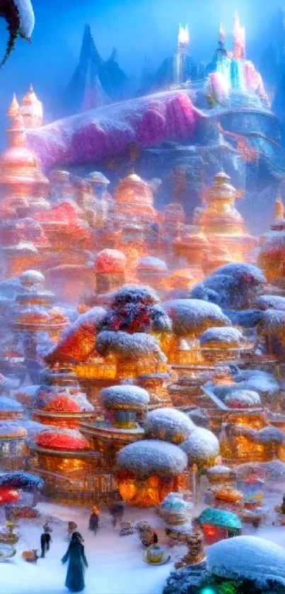 Enchanted village in the snow with vibrant colors and festive lights.