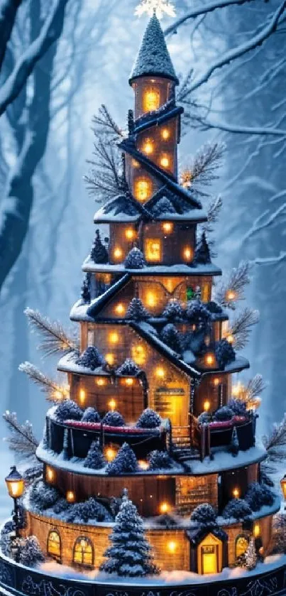 Illuminated Christmas tree in snowy winter forest.