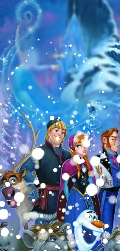 Enchanted winter forest with animated characters, snow, and magic.