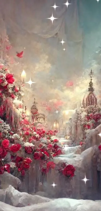 Enchanted winter scene with red flowers amidst icy landscape.