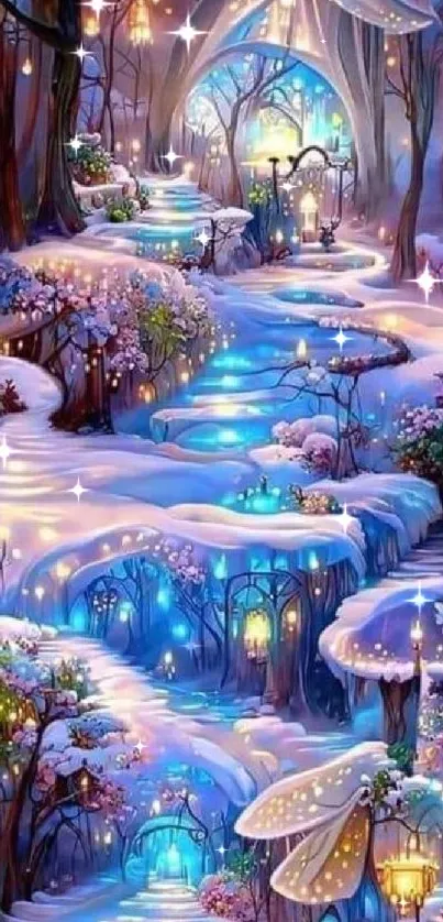 Enchanting winter forest path with glowing lights and snow.