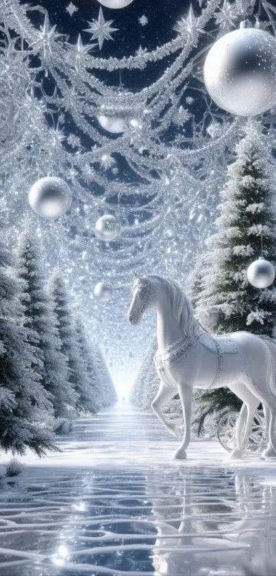 Majestic horse in a snowy winter wonderland with decorated trees.